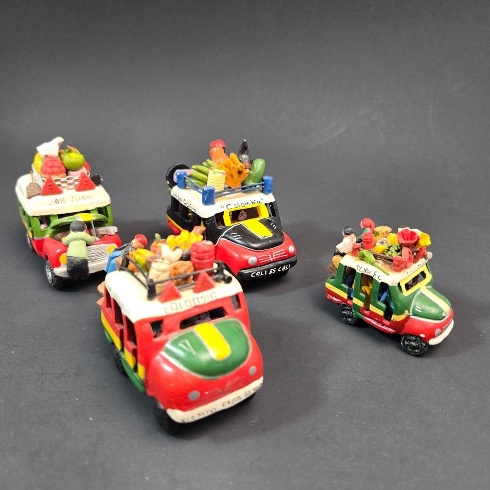Set of 4 Vintage Colombian Chiva Bus Folk Art Miniatures Hand Painted Souvenirs